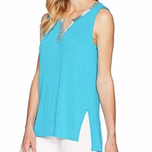 Tribal Teal Beaded Neckline tunic top